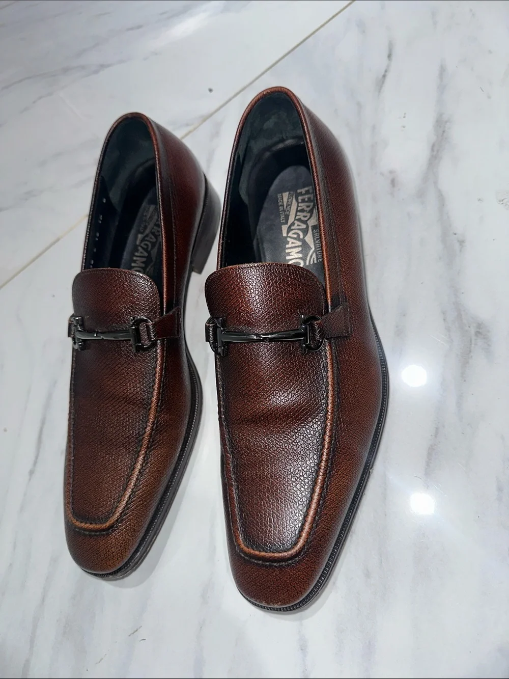 Salvatore Ferragamo Men's Dark Brown Pebbled Leather Bit Loafers
